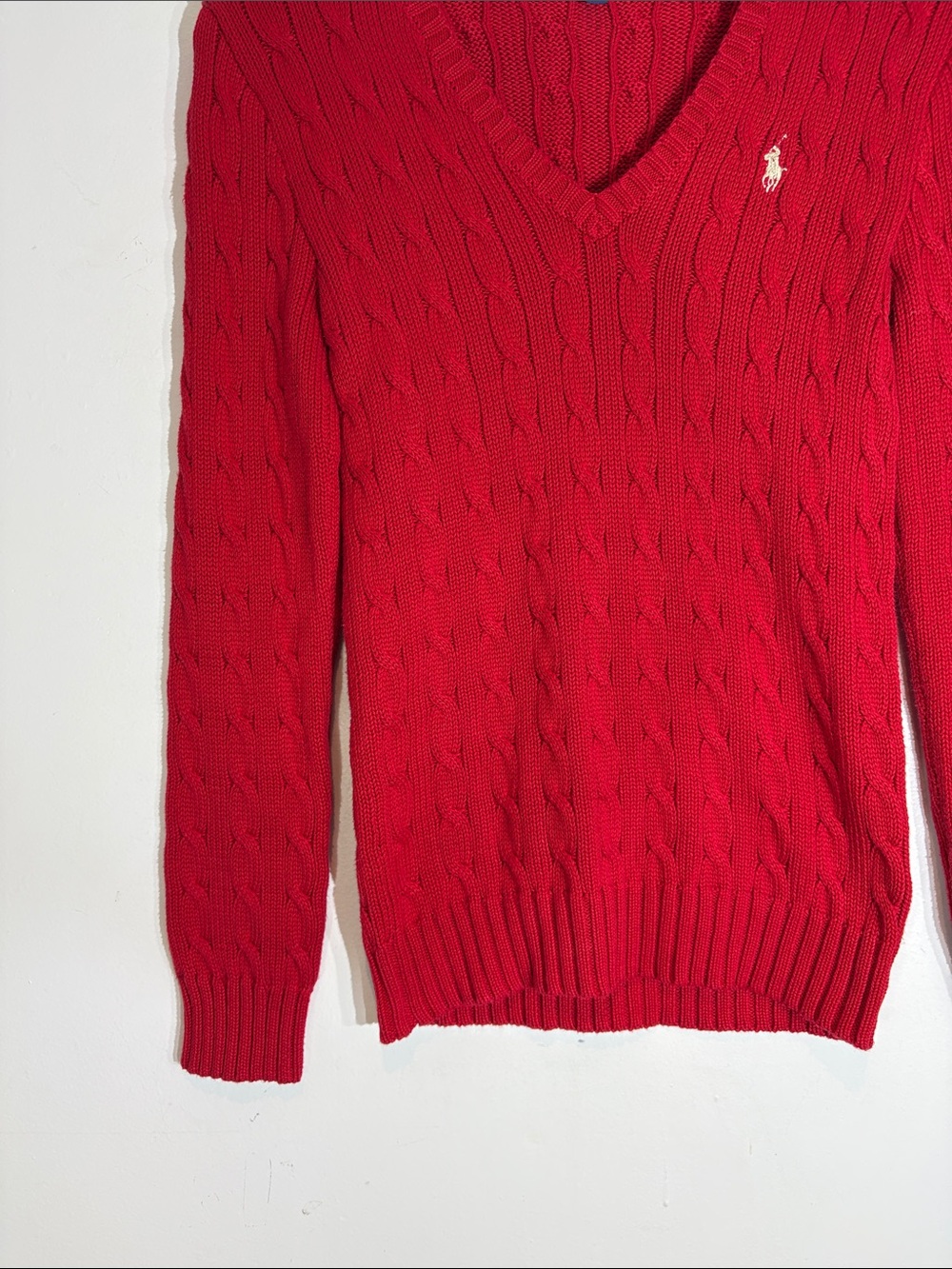 Ralph Lauren Cable Knit V-Neck Sweater Red Cotton Pony Logo Small - Picture 5 of 10